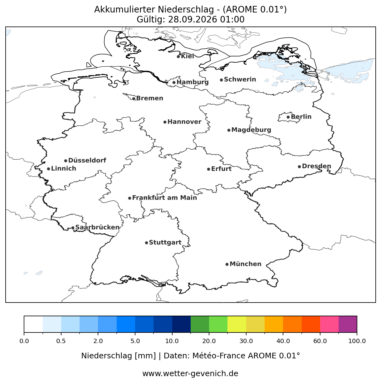 AROME (2,5 km) Niederschlag Lauf 27.09.2026 · 00:00 UTC
