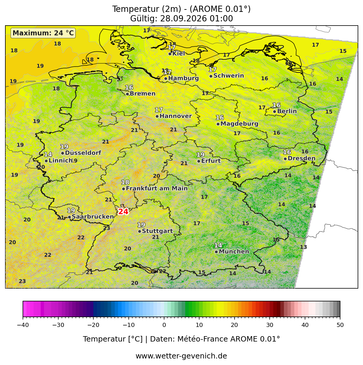 AROME (2,5 km) Temperatur (2 m) Lauf 27.09.2026 · 12:00 UTC