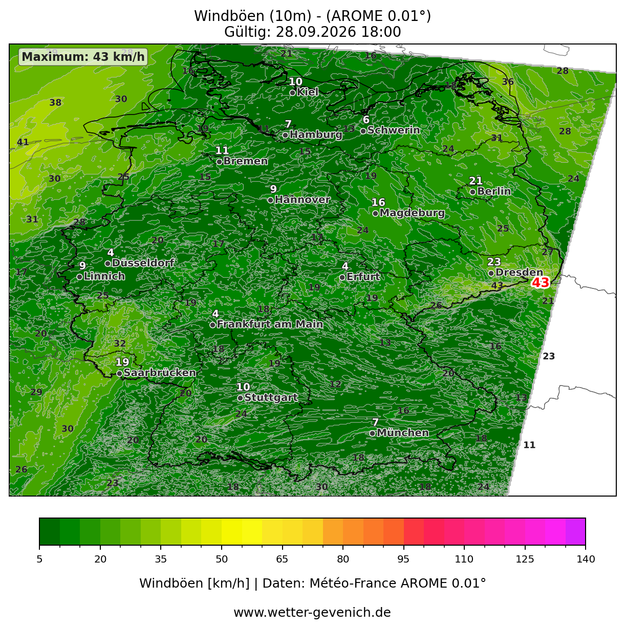 AROME (2,5 km) Windböen Lauf 27.09.2026 · 00:00 UTC