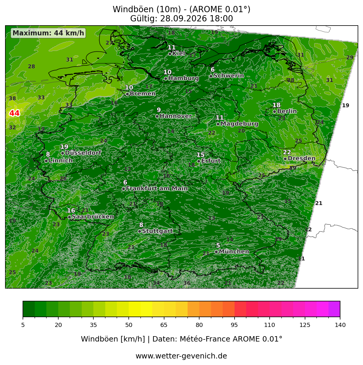 AROME (2,5 km) Windböen Lauf 27.09.2026 · 18:00 UTC