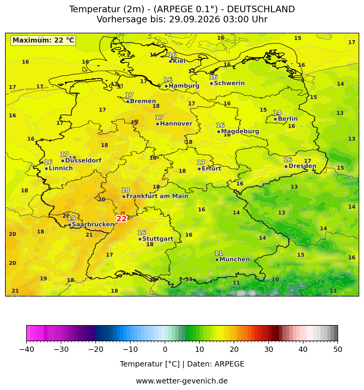 ARPEGE (0,1°) Temperatur (2 m) Lauf 28.09.2026 · 06:00 UTC