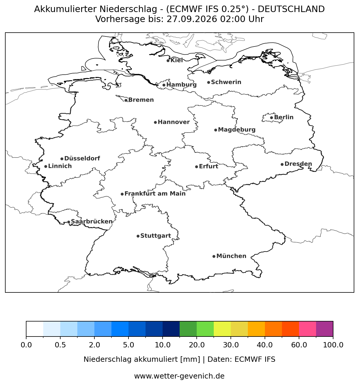 ECMWF IFS (0,25°) Niederschlag Lauf 27.09.2026 · 00:00 UTC