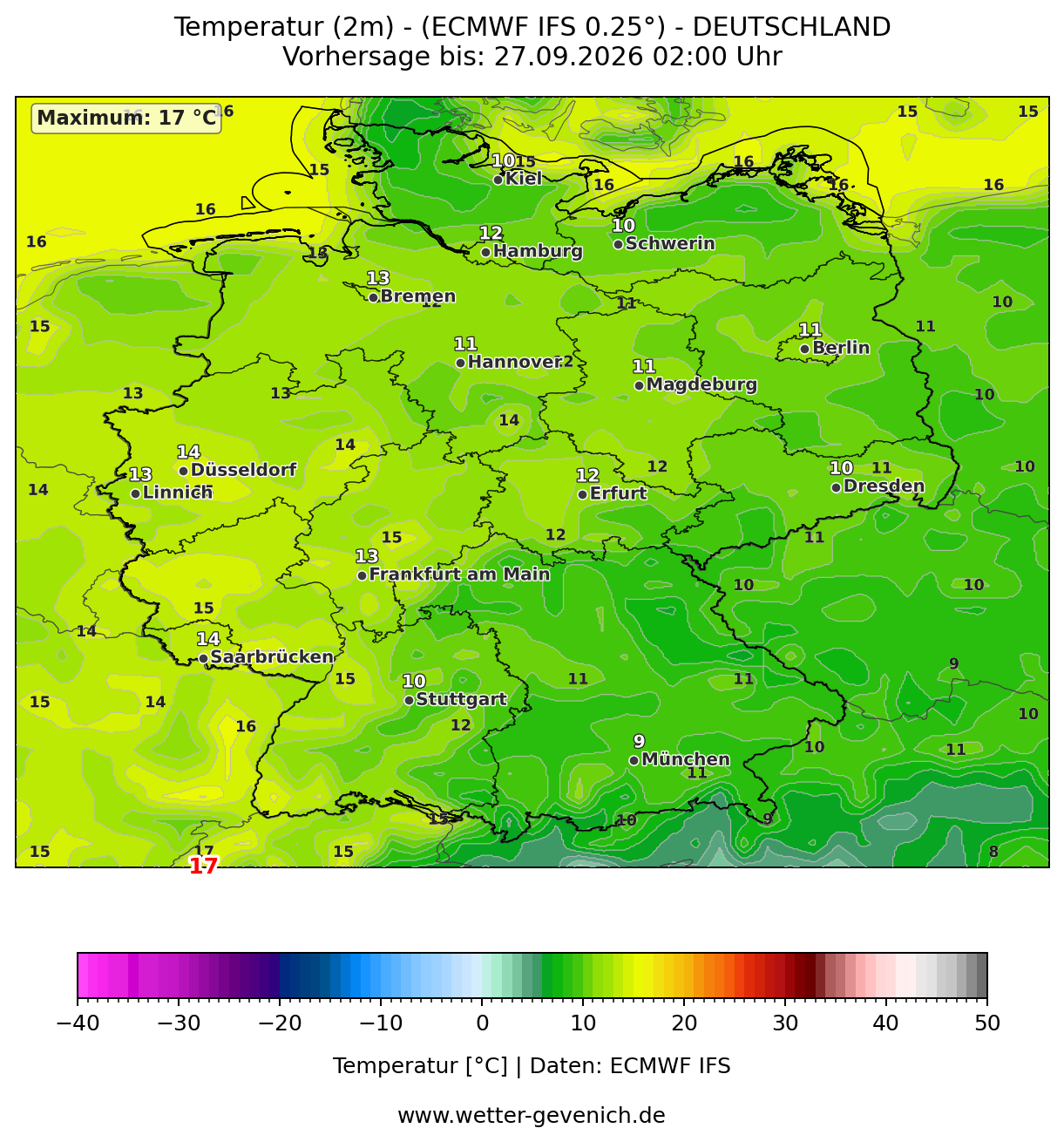 ECMWF IFS (0,25°) Temperatur (2 m) Lauf 26.09.2026 · 00:00 UTC