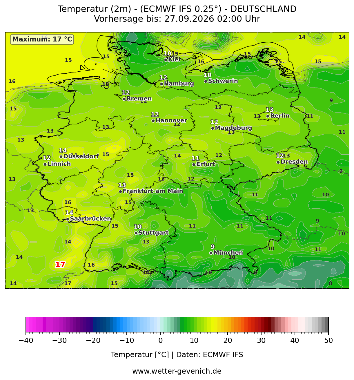 ECMWF IFS (0,25°) Temperatur (2 m) Lauf 27.09.2026 · 00:00 UTC