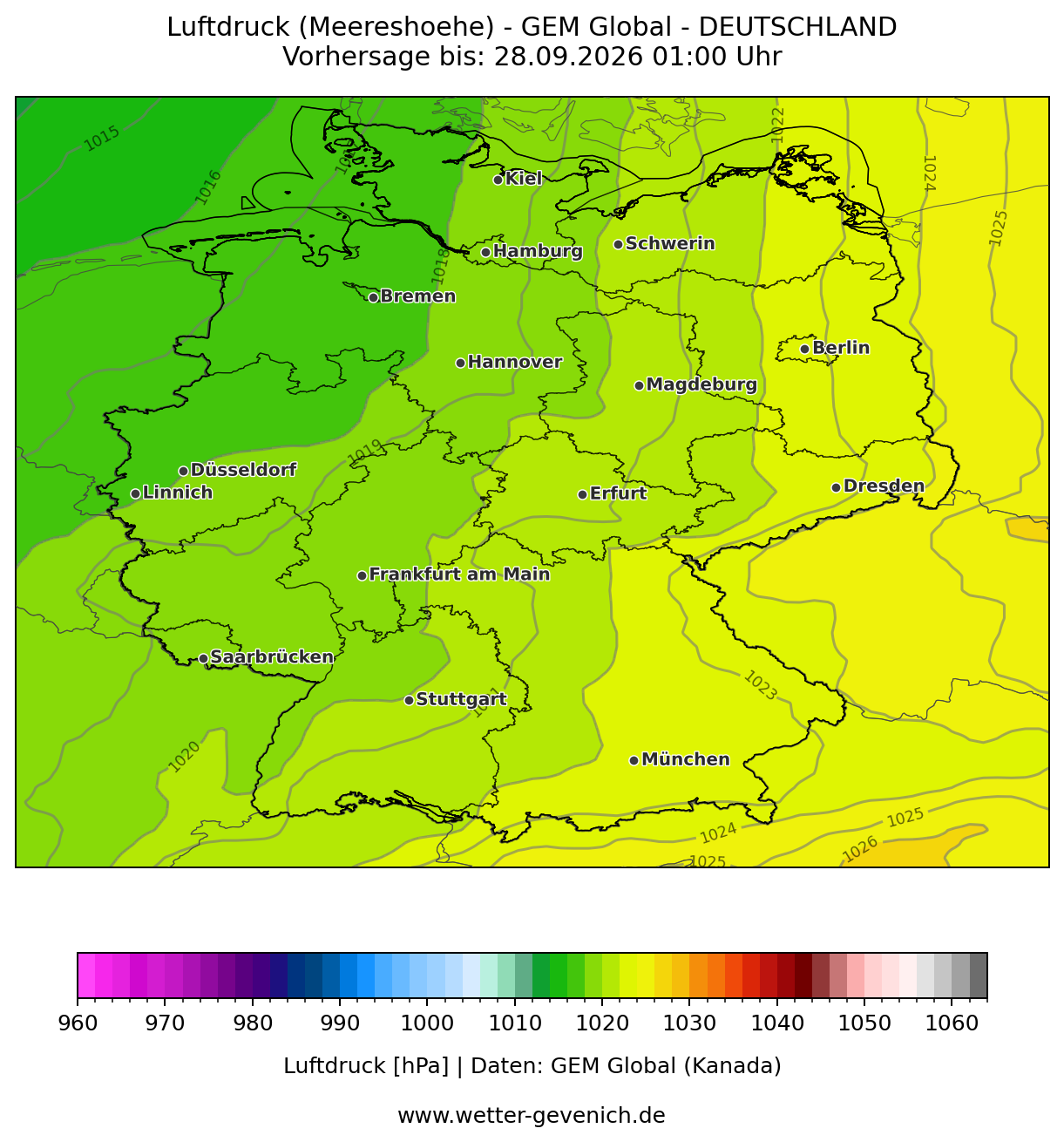 GEM Canada (15 km) Luftdruck Lauf 27.09.2026 · 00:00 UTC