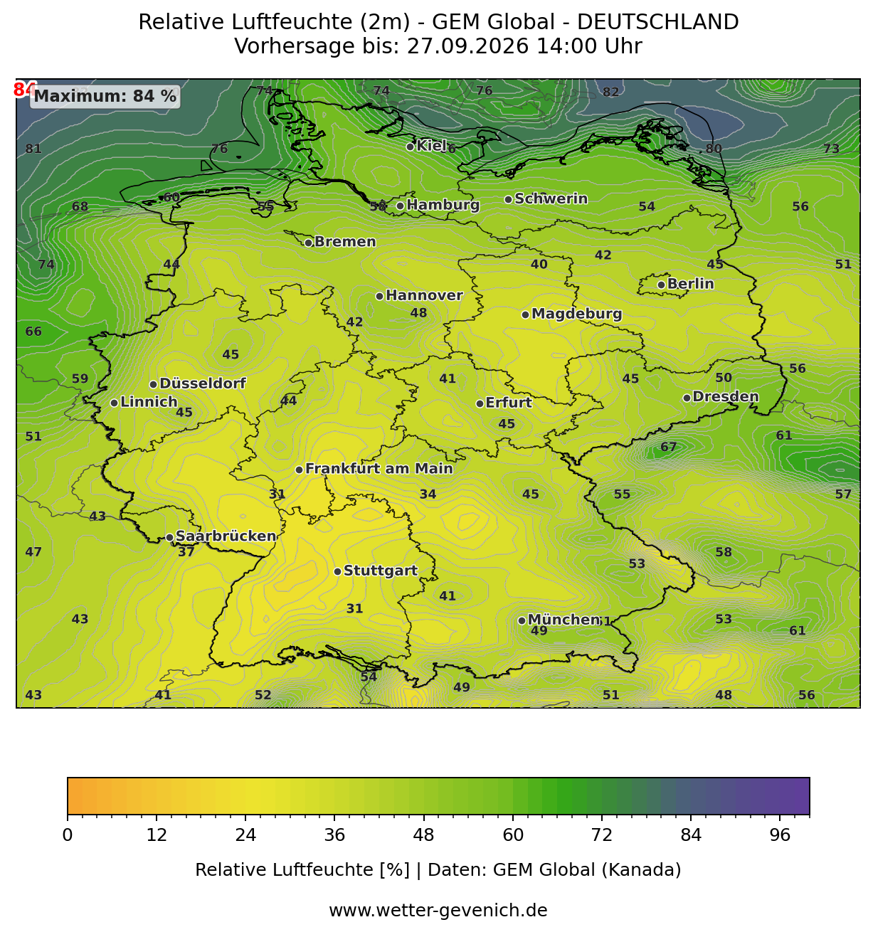 GEM Canada (15 km) Luftfeuchte Lauf 27.09.2026 · 12:00 UTC