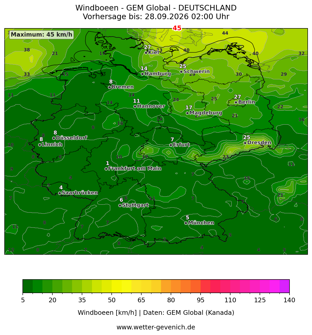 GEM Canada (15 km) Windböen Lauf 27.09.2026 · 00:00 UTC