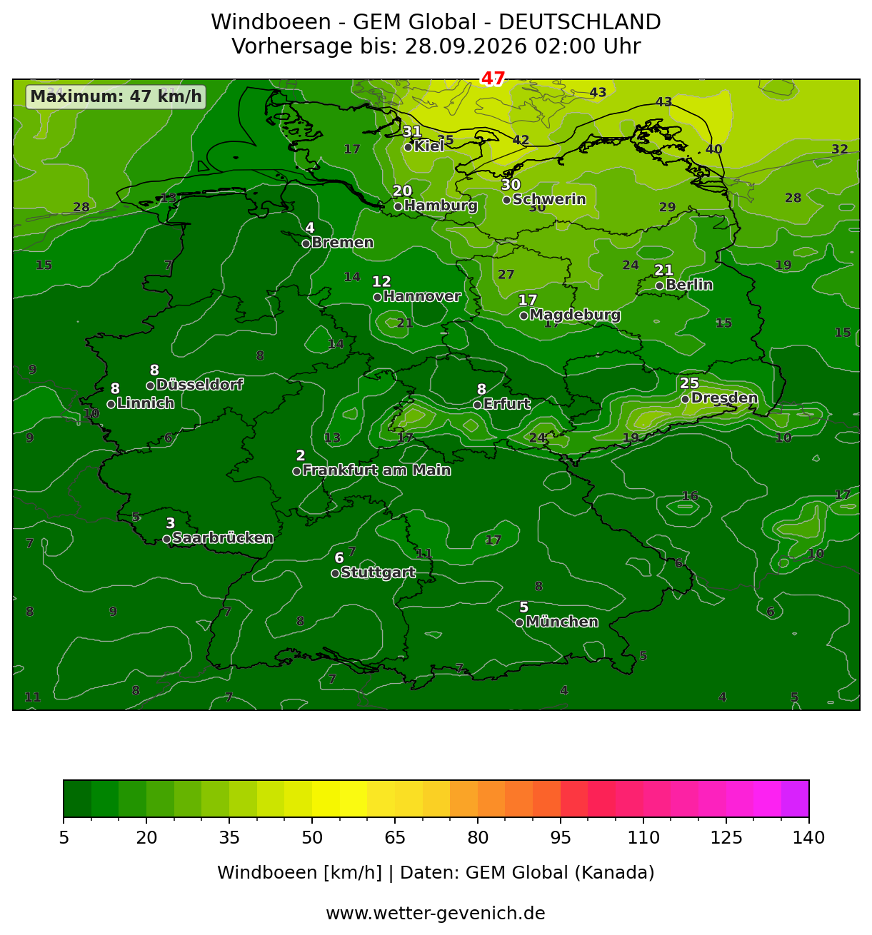 GEM Canada (15 km) Windböen Lauf 27.09.2026 · 12:00 UTC