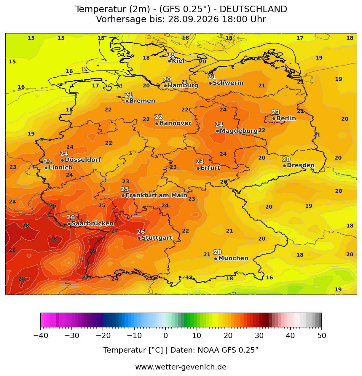GFS (0,25°) Temperatur (2 m) Lauf 27.09.2026 · 06:00 UTC