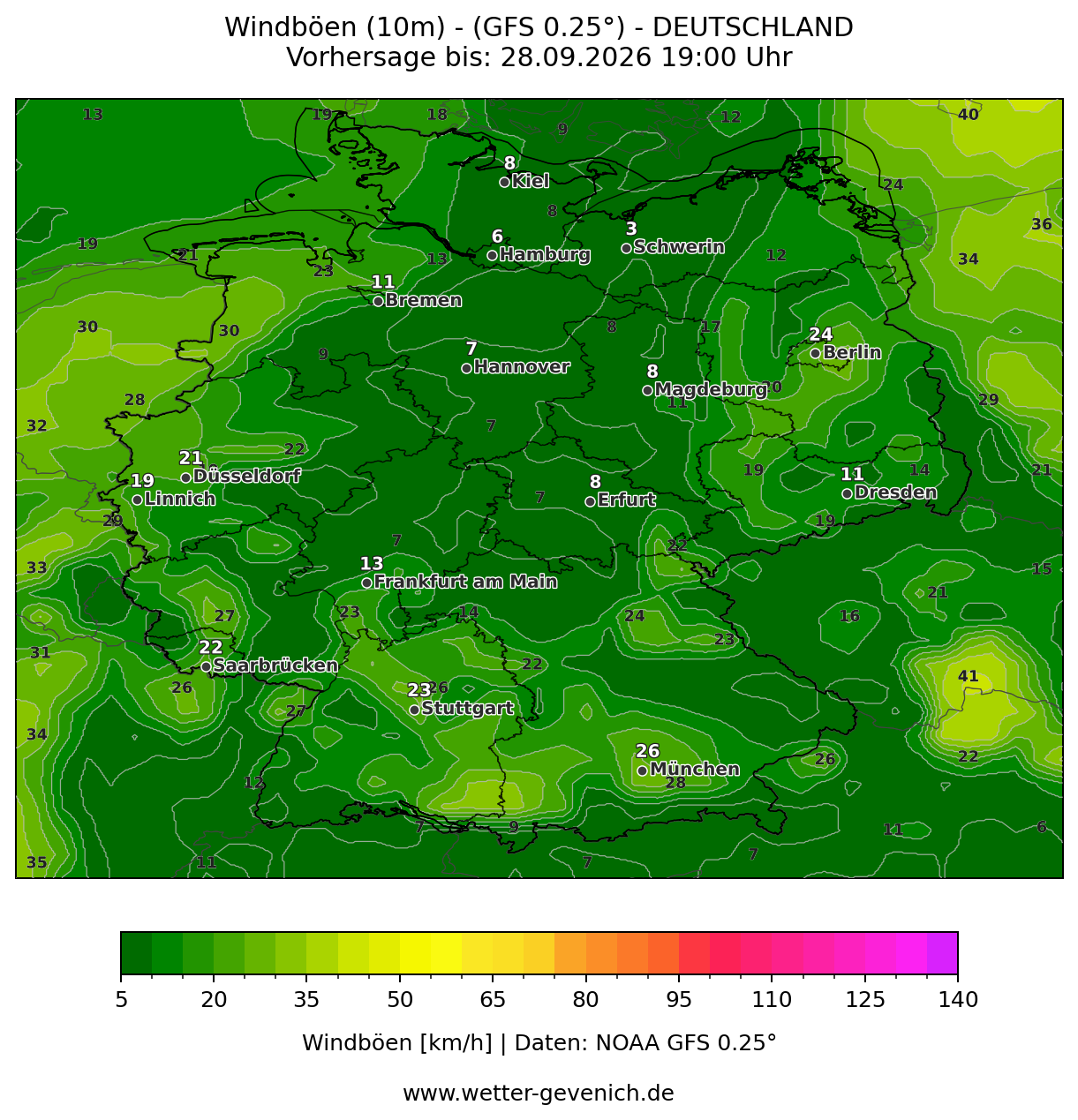 GFS (0,25°) Windböen Lauf 27.09.2026 · 06:00 UTC