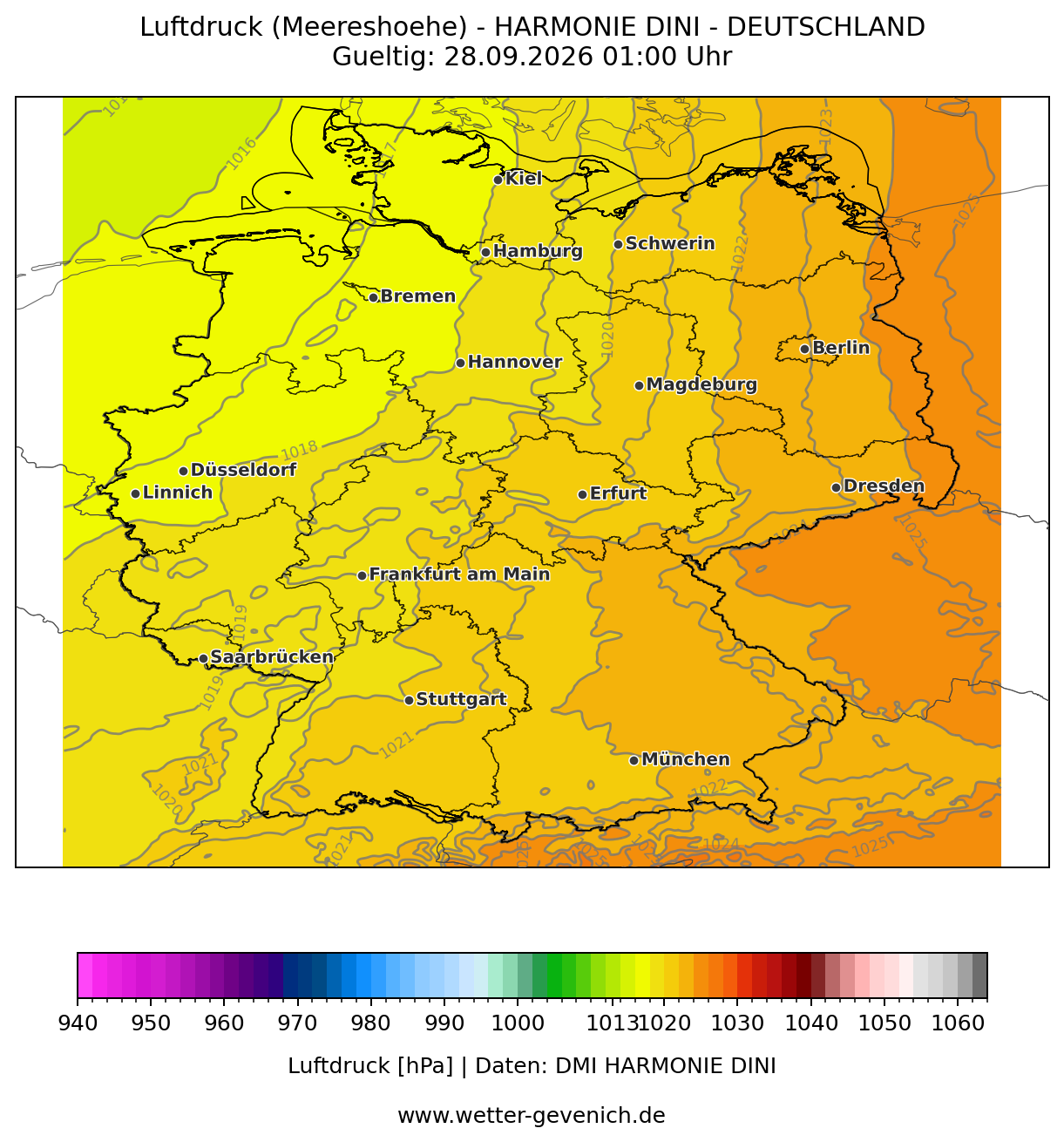 HARMONIE DINI (2 km) Luftdruck Lauf 27.09.2026 · 03:00 UTC