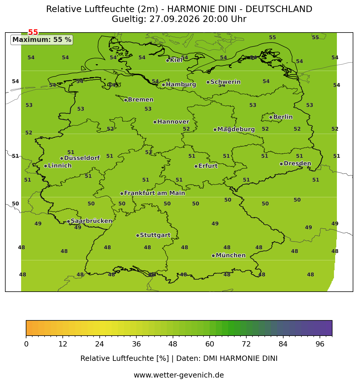 HARMONIE DINI (2 km) Luftfeuchte Lauf 27.09.2026 · 00:00 UTC