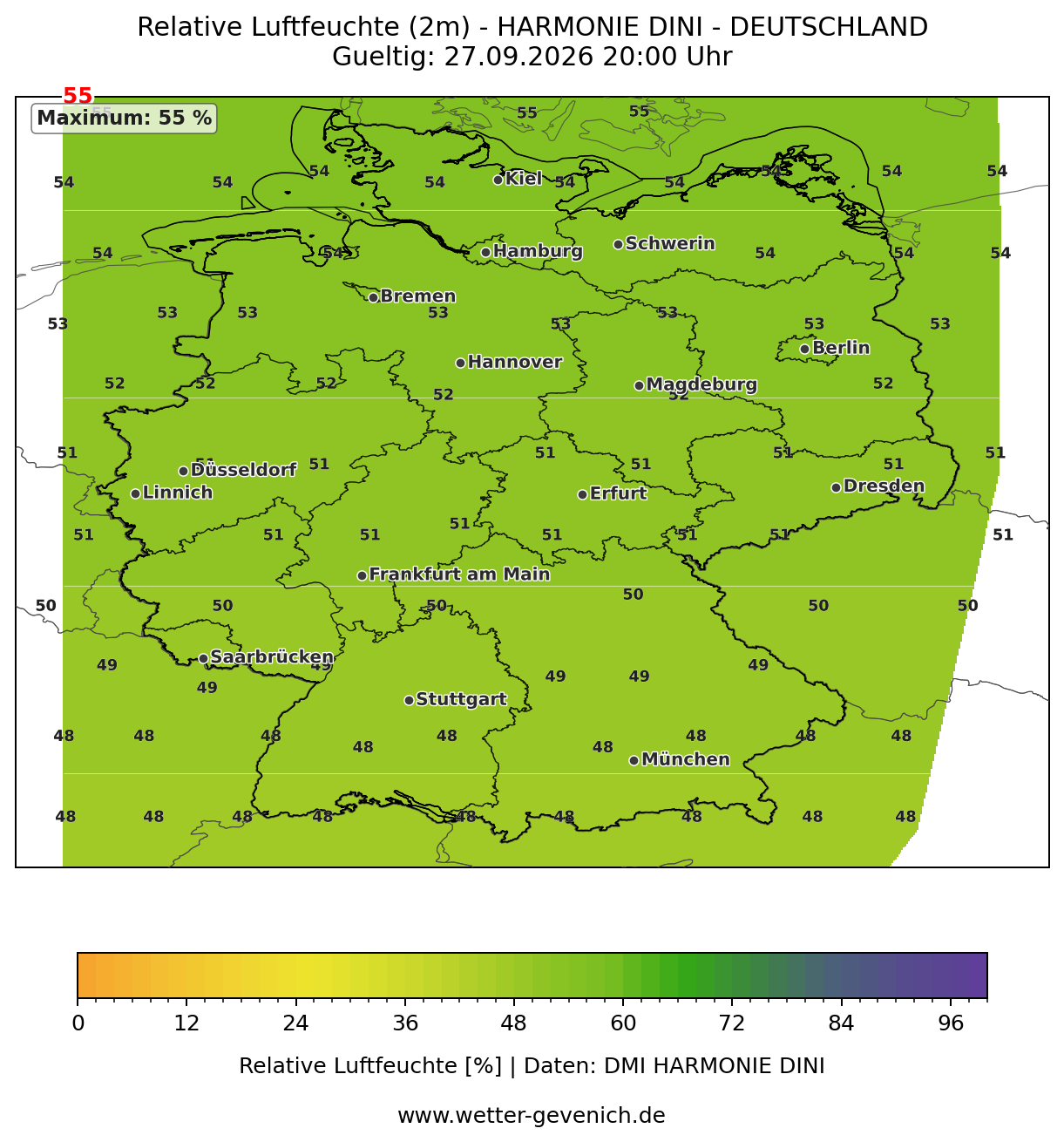 HARMONIE DINI (2 km) Luftfeuchte Lauf 27.09.2026 · 21:00 UTC
