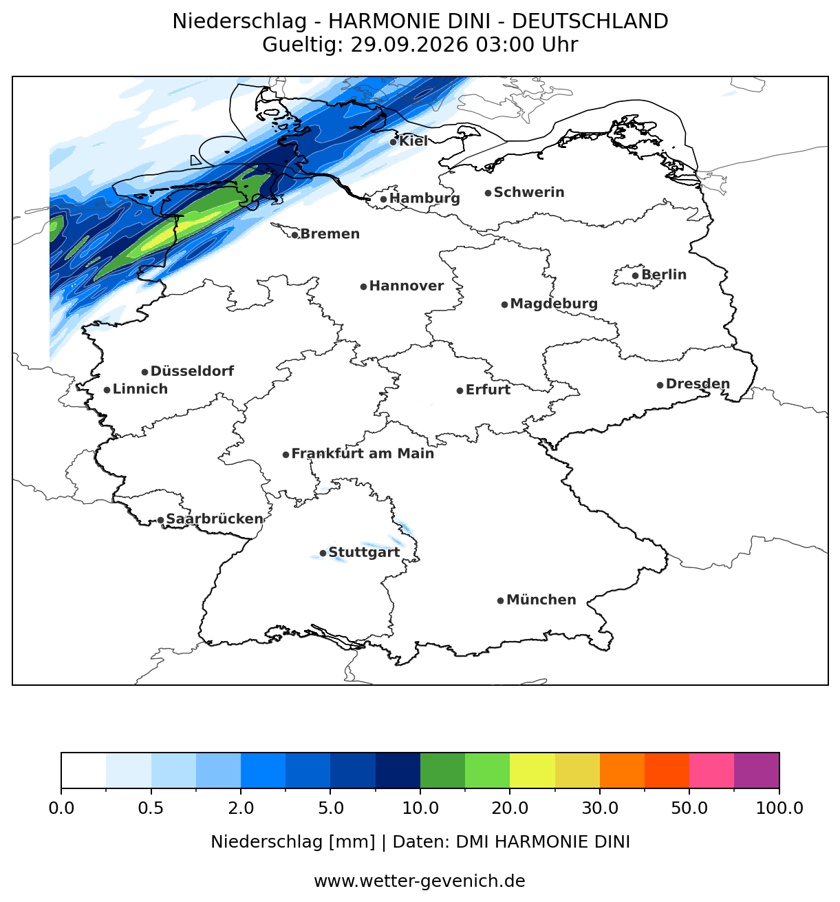 HARMONIE DINI (2 km) Niederschlag Lauf 28.09.2026 · 09:00 UTC