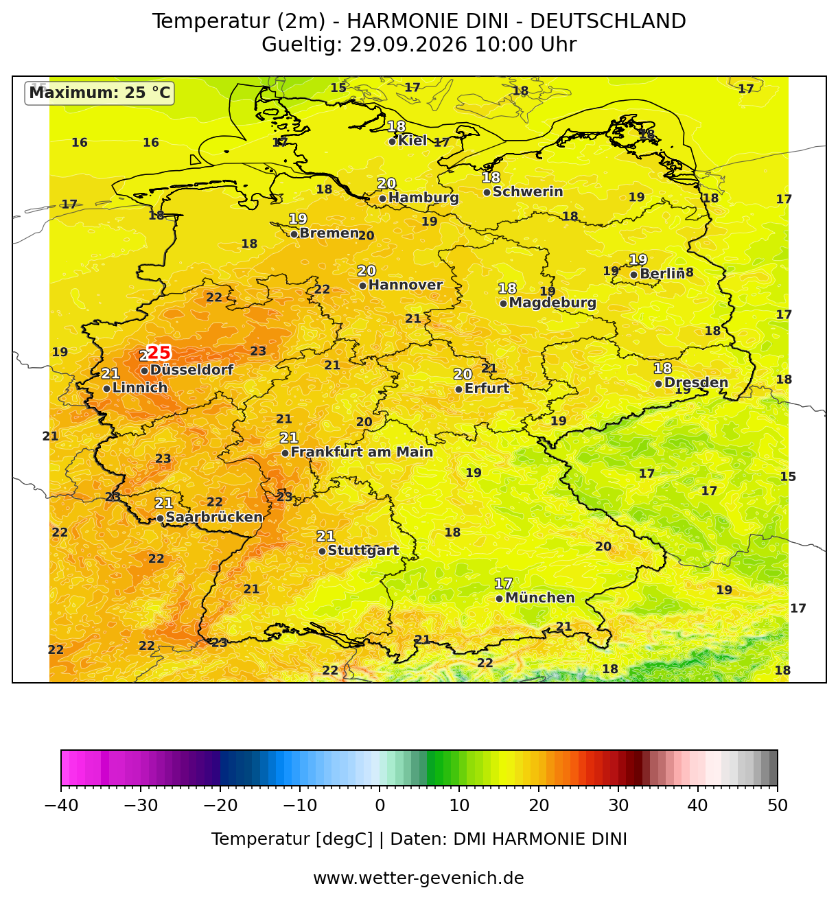 HARMONIE DINI (2 km) Temperatur (2 m) Lauf 27.09.2026 · 18:00 UTC