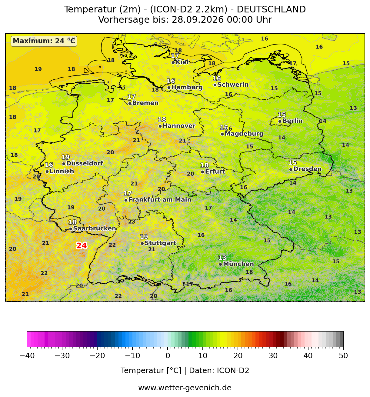 ICON-D2 (2,2 km) Temperatur (2 m) Lauf 27.09.2026 · 15:00 UTC