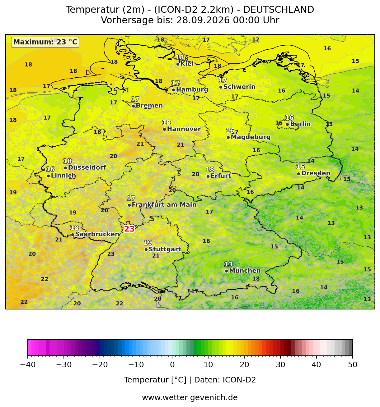 ICON-D2 (2,2 km) Temperatur (2 m)