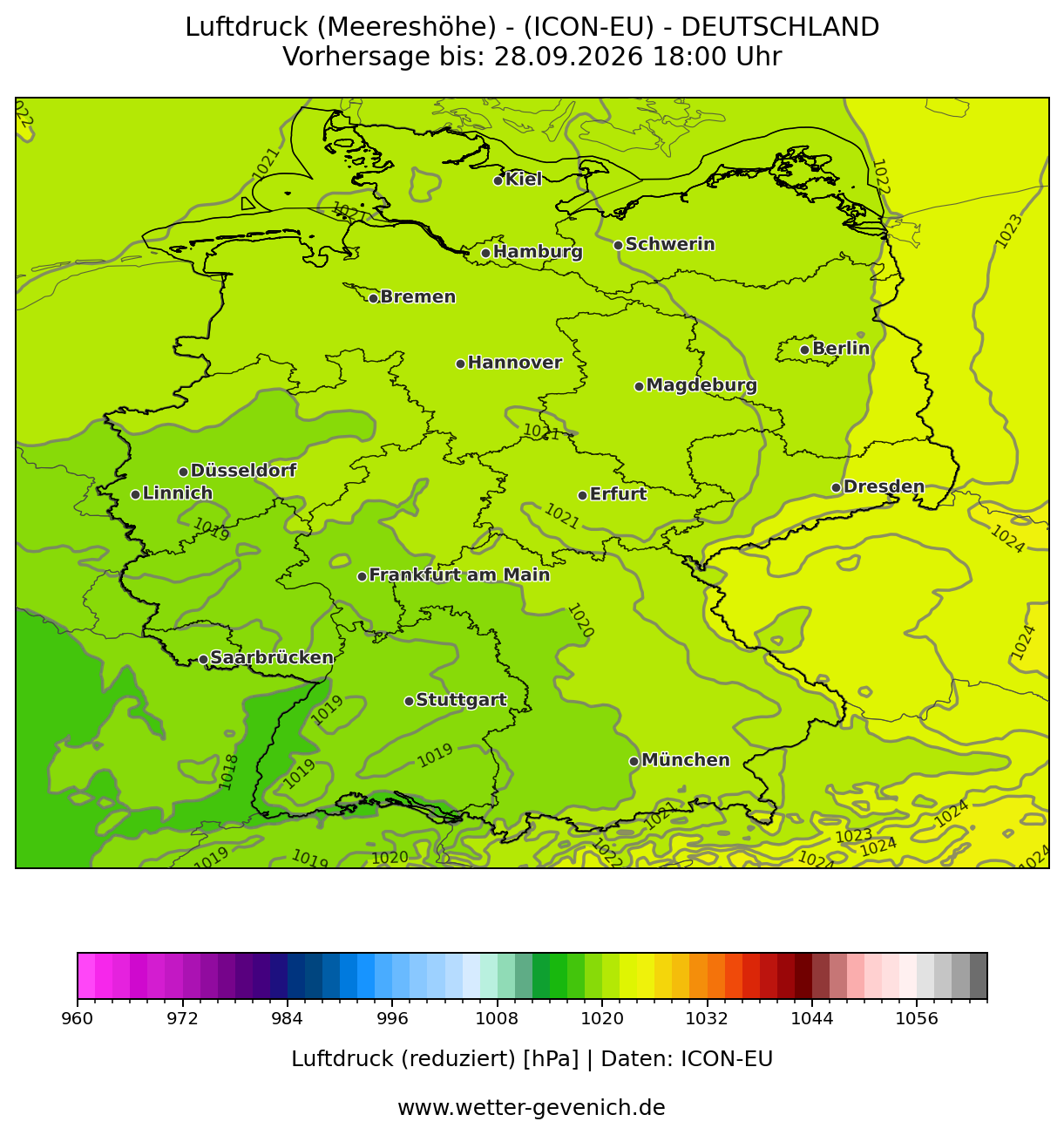 ICON-EU (7 km) Luftdruck Lauf 27.09.2026 · 12:00 UTC