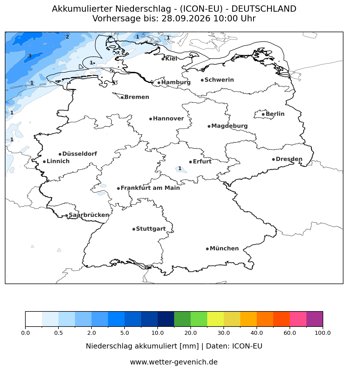 ICON-EU (7 km) Niederschlag Lauf 27.09.2026 · 18:00 UTC