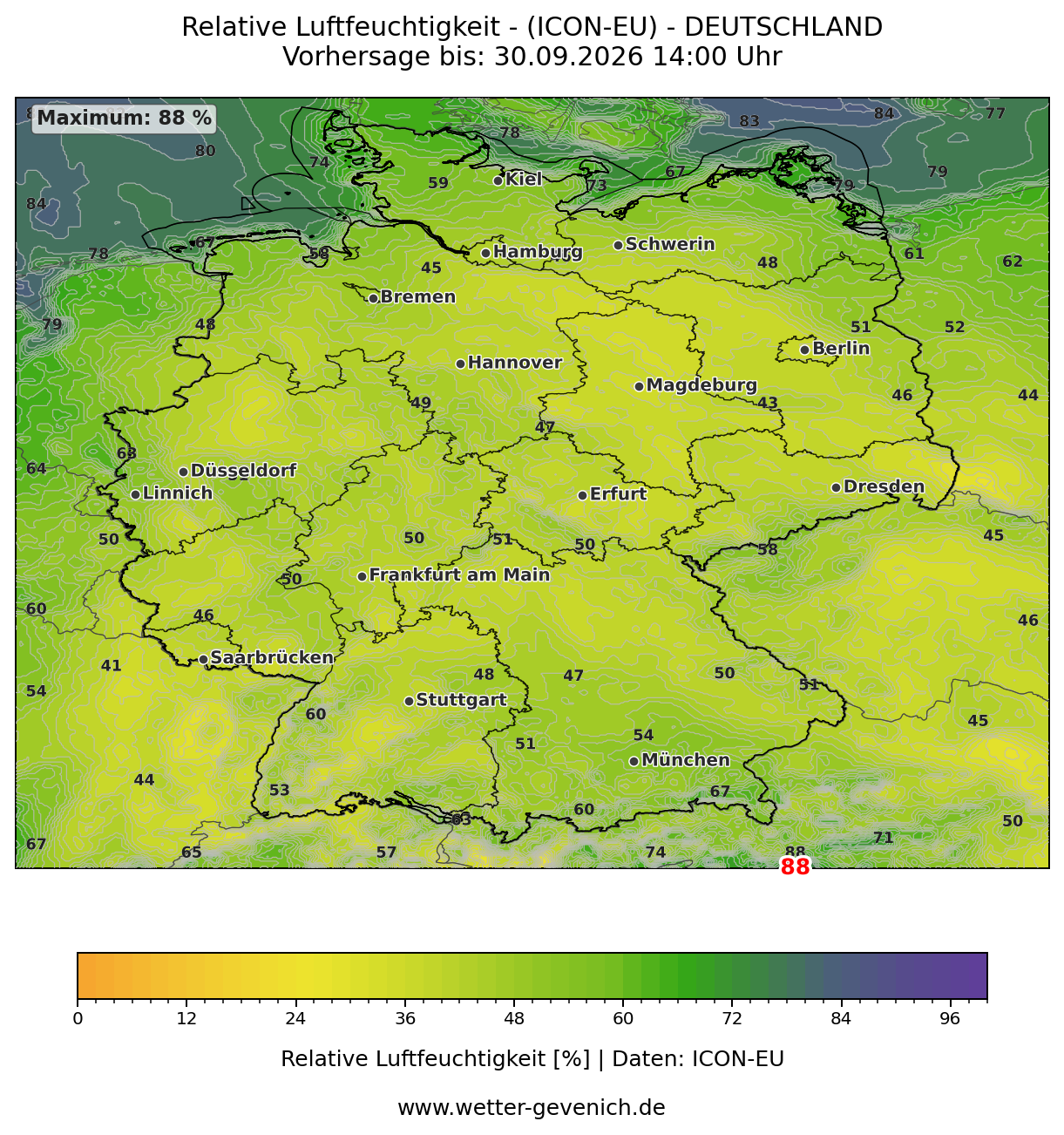 ICON-EU (7 km) Luftfeuchte Lauf 28.09.2026 · 12:00 UTC