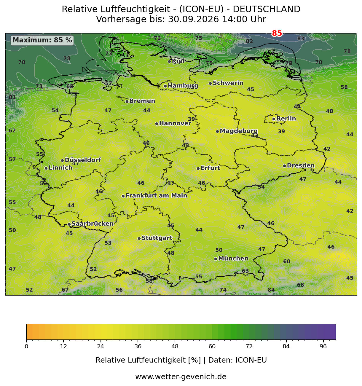 ICON-EU (7 km) Luftfeuchte Lauf 28.09.2026 · 18:00 UTC