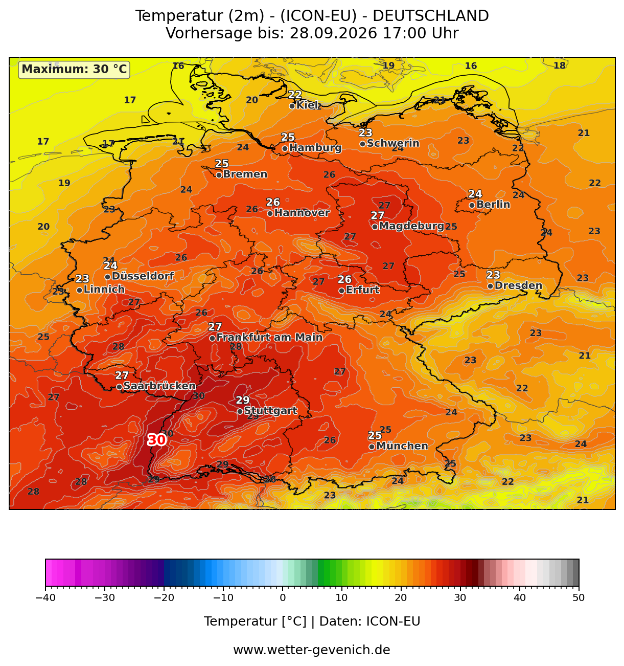 ICON-EU (7 km) Temperatur (2 m) Lauf 27.09.2026 · 18:00 UTC