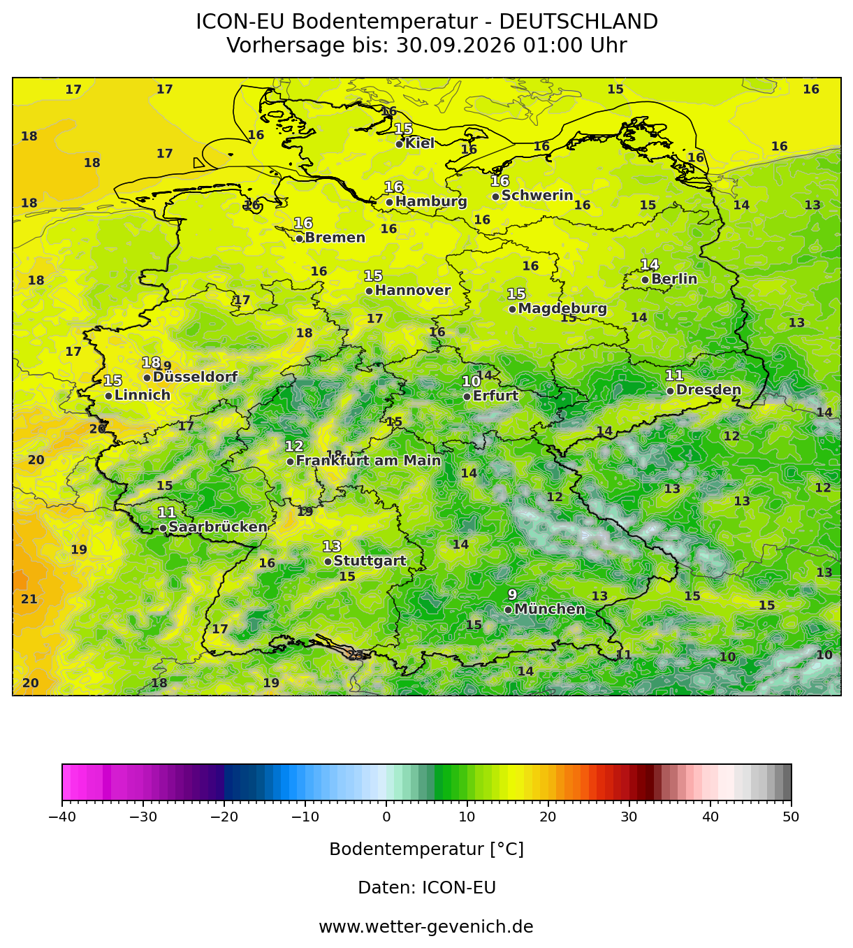 ICON-EU (7 km) Bodentemperatur Lauf 28.09.2026 · 18:00 UTC