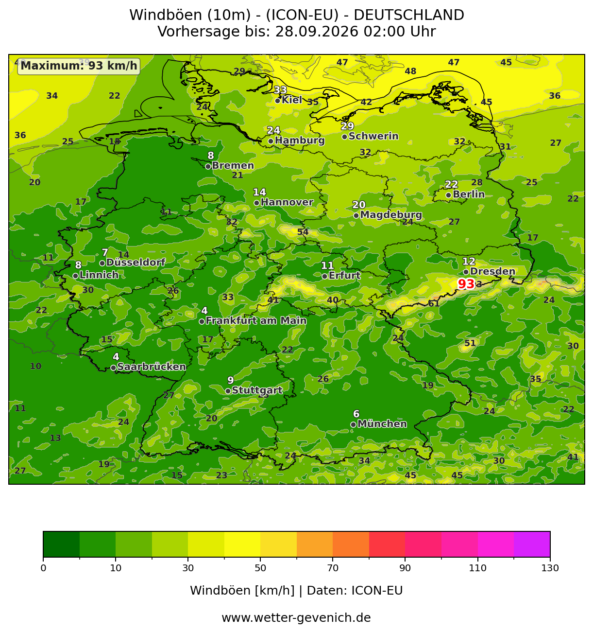 ICON-EU (7 km) Windböen Lauf 27.09.2026 · 12:00 UTC