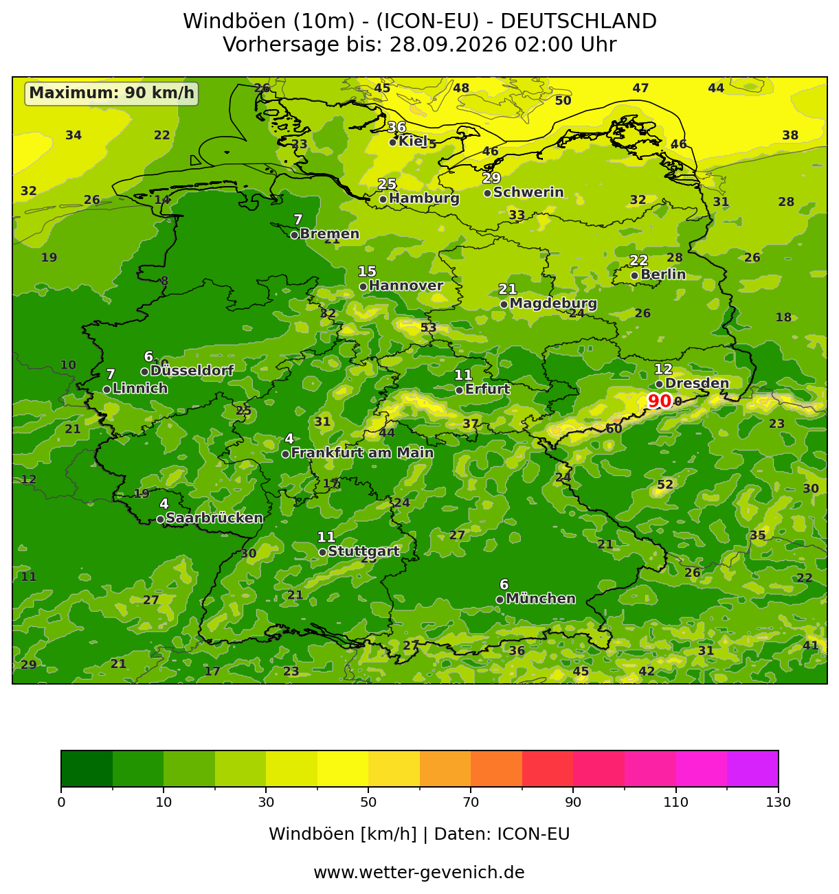 ICON-EU (7 km) Windböen Lauf 27.09.2026 · 18:00 UTC