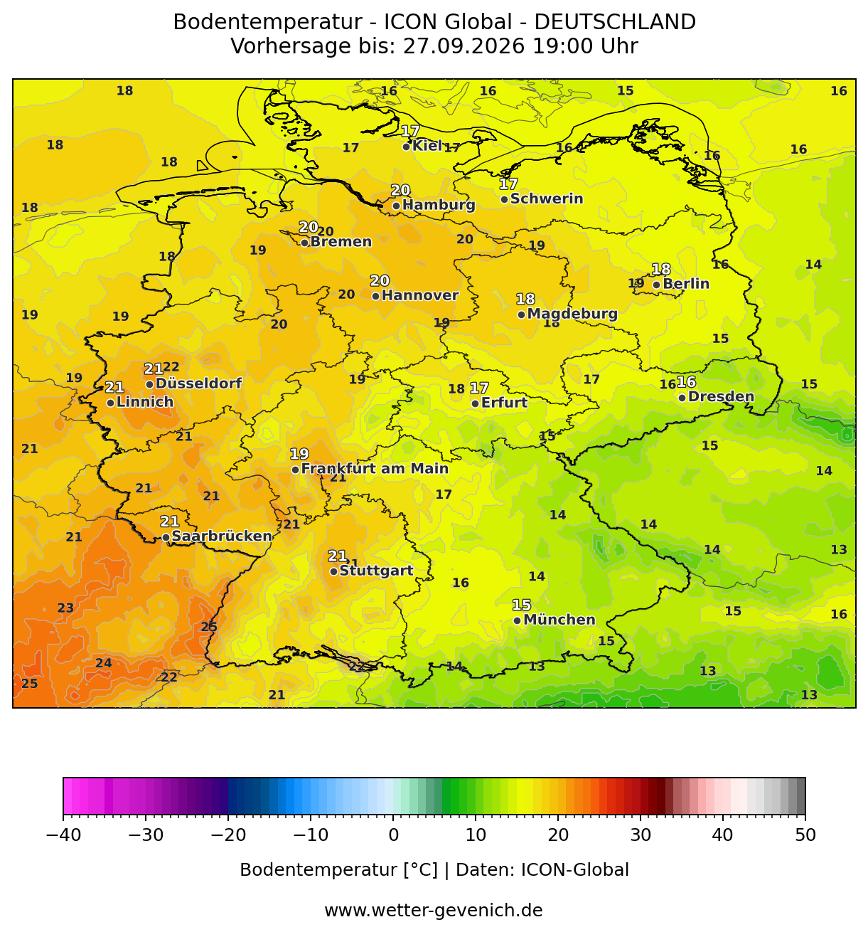 ICON-Global (13 km) Bodentemperatur Lauf 27.09.2026 · 12:00 UTC