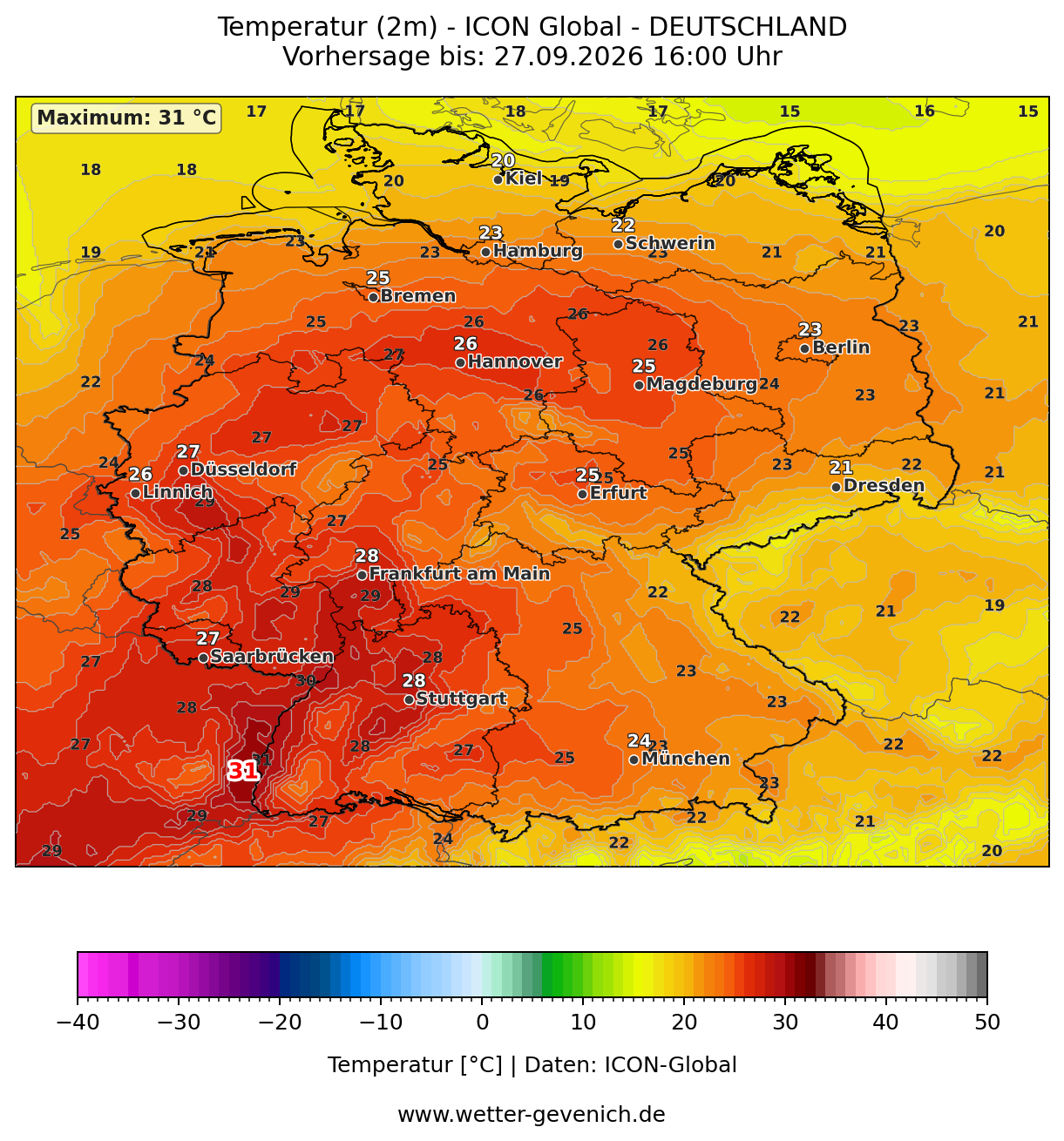 ICON-Global (13 km) Temperatur (2 m) Lauf 27.09.2026 · 00:00 UTC