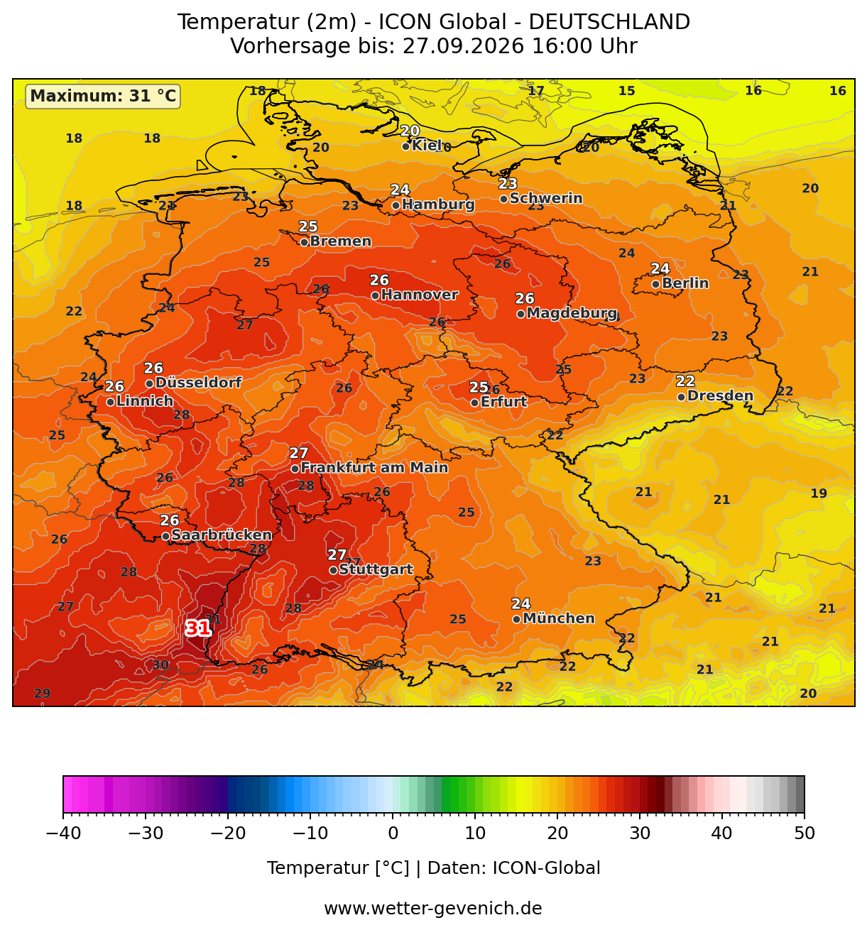 ICON-Global (13 km) Temperatur (2 m) Lauf 27.09.2026 · 12:00 UTC