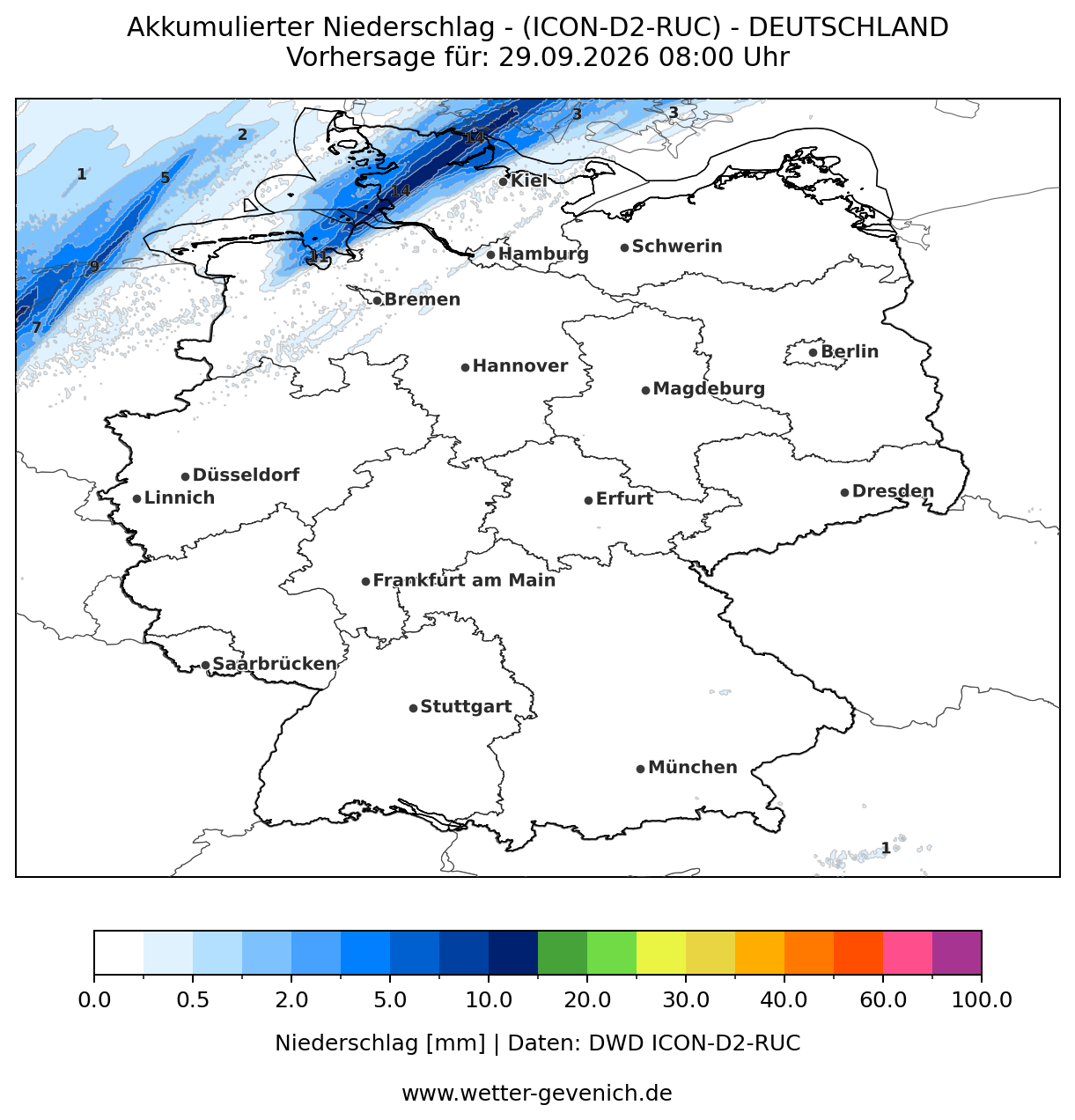 ICON-D2-RUC (2,2 km) Niederschlag Lauf 28.09.2026 · 20:00 UTC