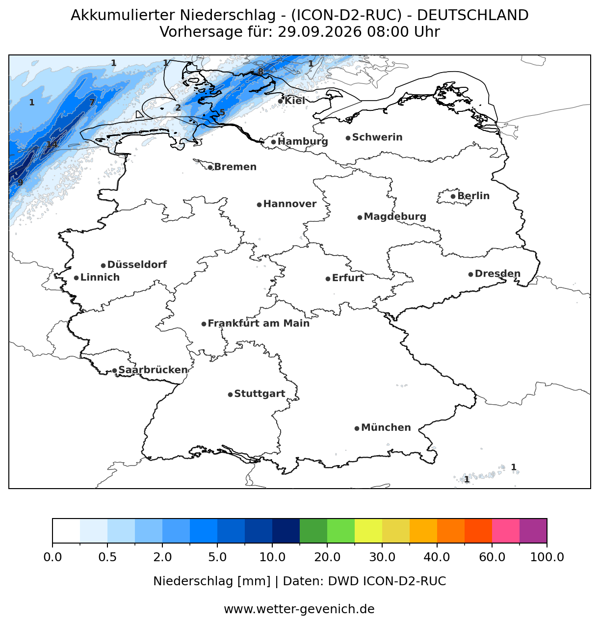 ICON-D2-RUC (2,2 km) Niederschlag Lauf 28.09.2026 · 21:00 UTC