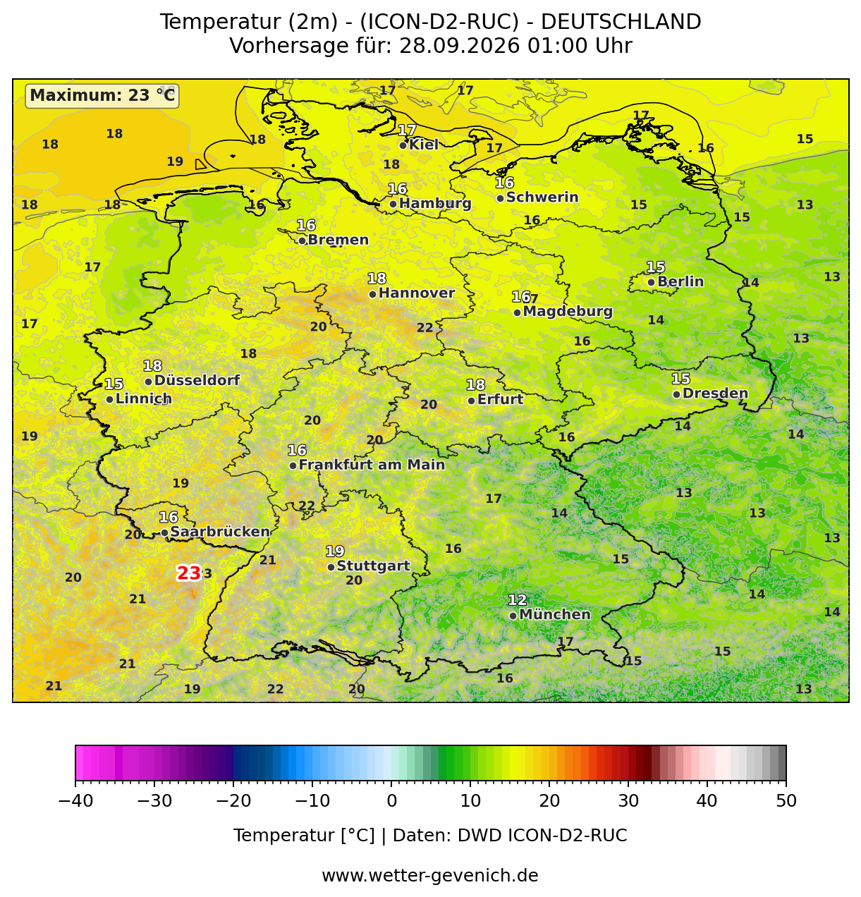 ICON-D2-RUC (2,2 km) Temperatur (2 m) Lauf 27.09.2026 · 19:00 UTC