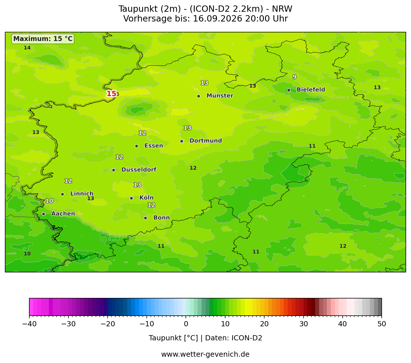 ICON-D2 (2,2 km) Nordrhein-Westfalen · Taupunkt Lauf 16.09.2026 · 15:00 UTC