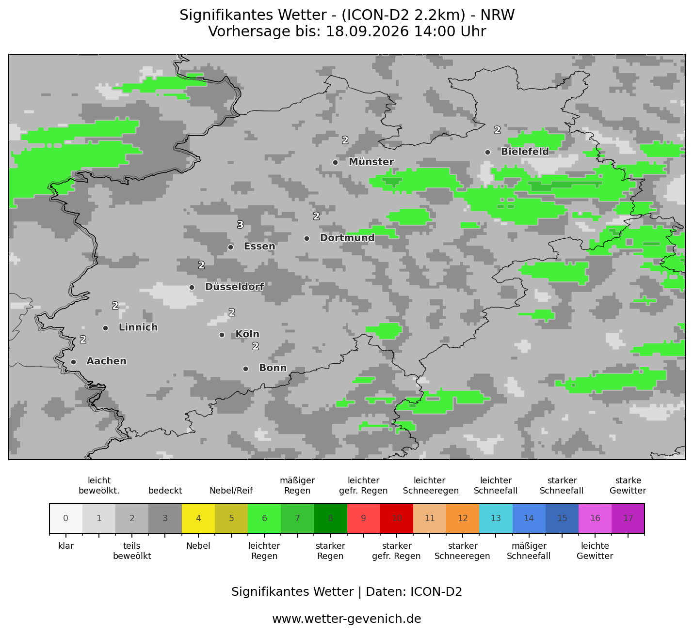 ICON-D2 (2,2 km) Nordrhein-Westfalen · Signifikantes Wetter Lauf 17.09.2026 · 12:00 UTC
