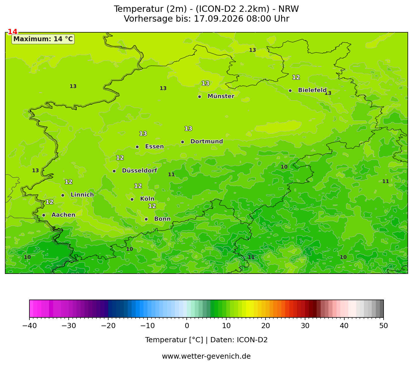ICON-D2 (2,2 km) Nordrhein-Westfalen · Temperatur (2 m) Lauf 17.09.2026 · 03:00 UTC