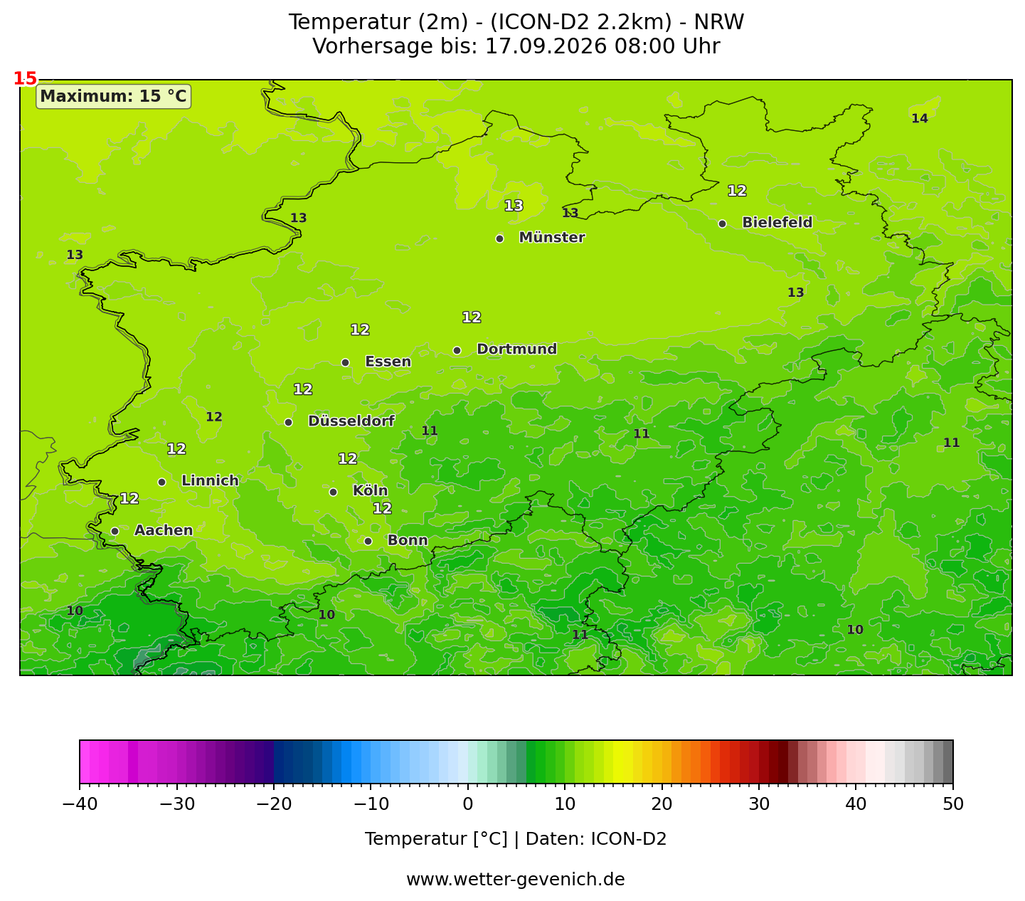 ICON-D2 (2,2 km) Nordrhein-Westfalen · Temperatur (2 m)