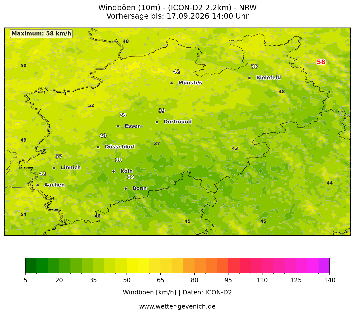 ICON-D2 (2,2 km) Nordrhein-Westfalen · Windböen Lauf 17.09.2026 · 09:00 UTC